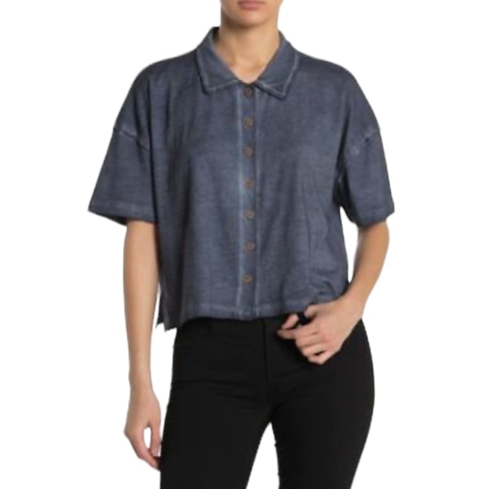 Free People Navy Weekend Rush Button Down Collared Top New with Tag W-506 Size S - Picture 2 of 11